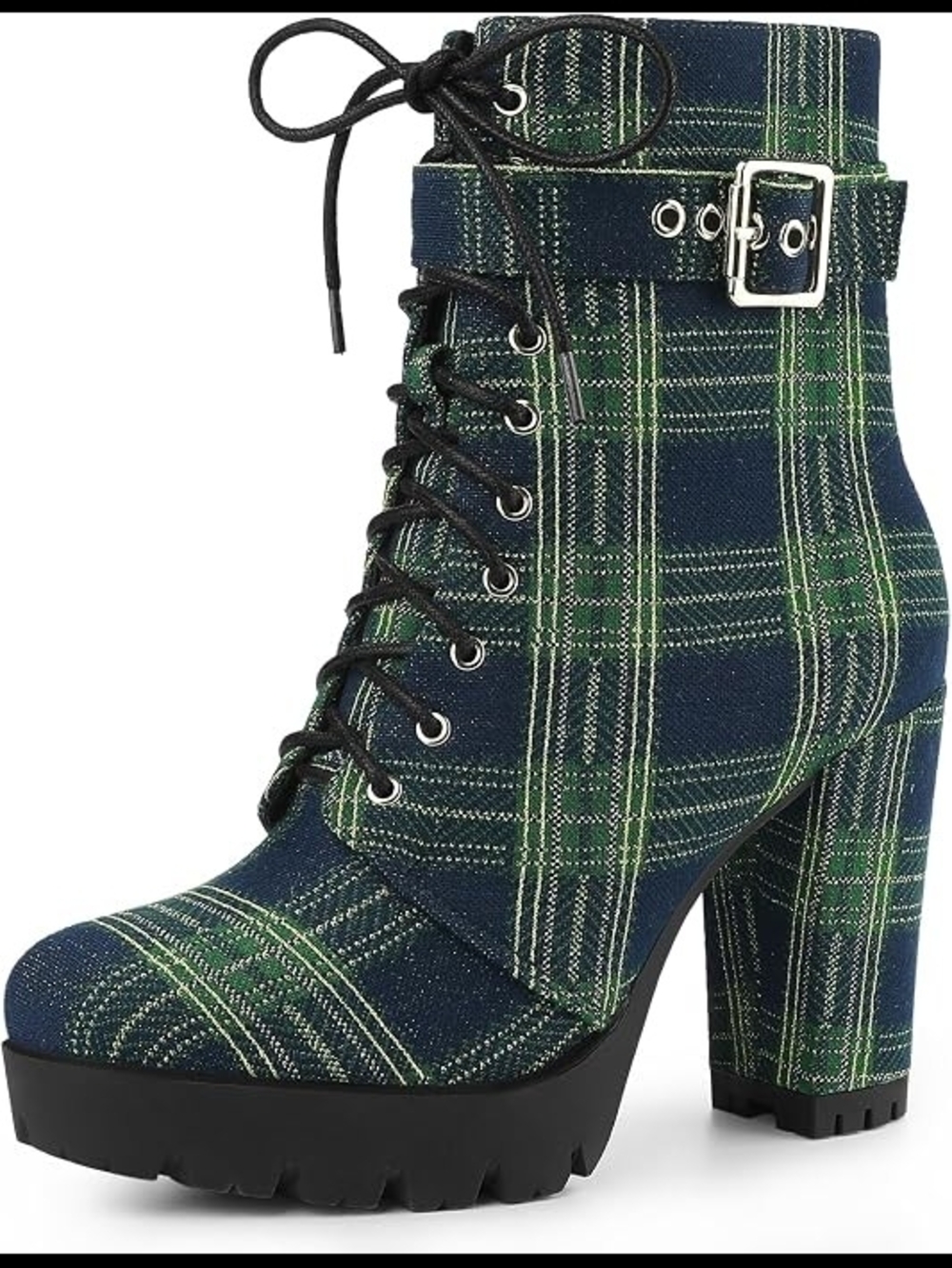 Collegecore Green & Navy Blue Plaid Lace-Up Platform Ankle Boots